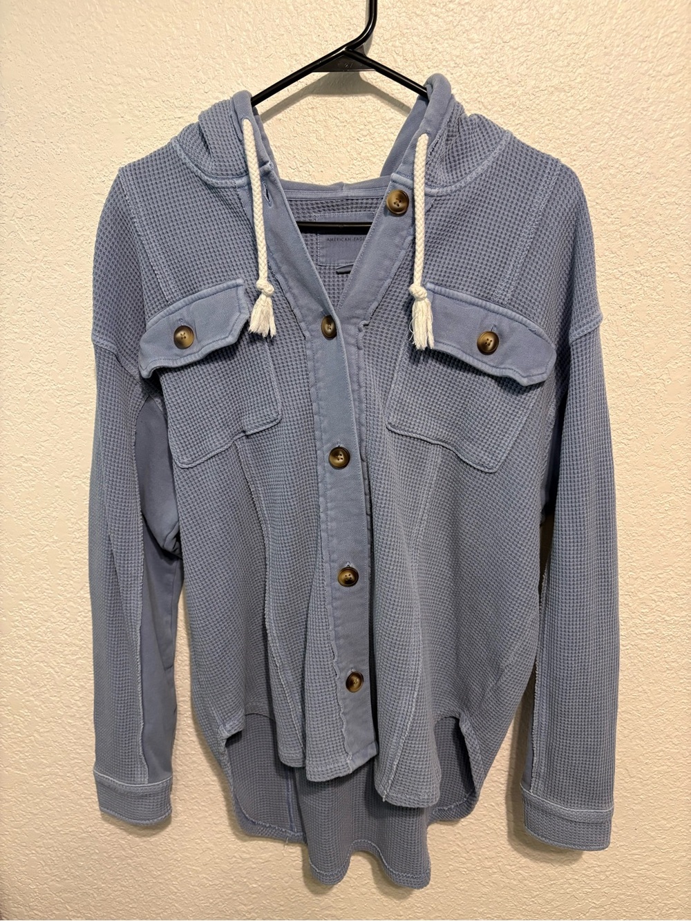 American Eagle Light Blue Waffle Knit Hooded Button-Up Shirt Jacket Size Medium